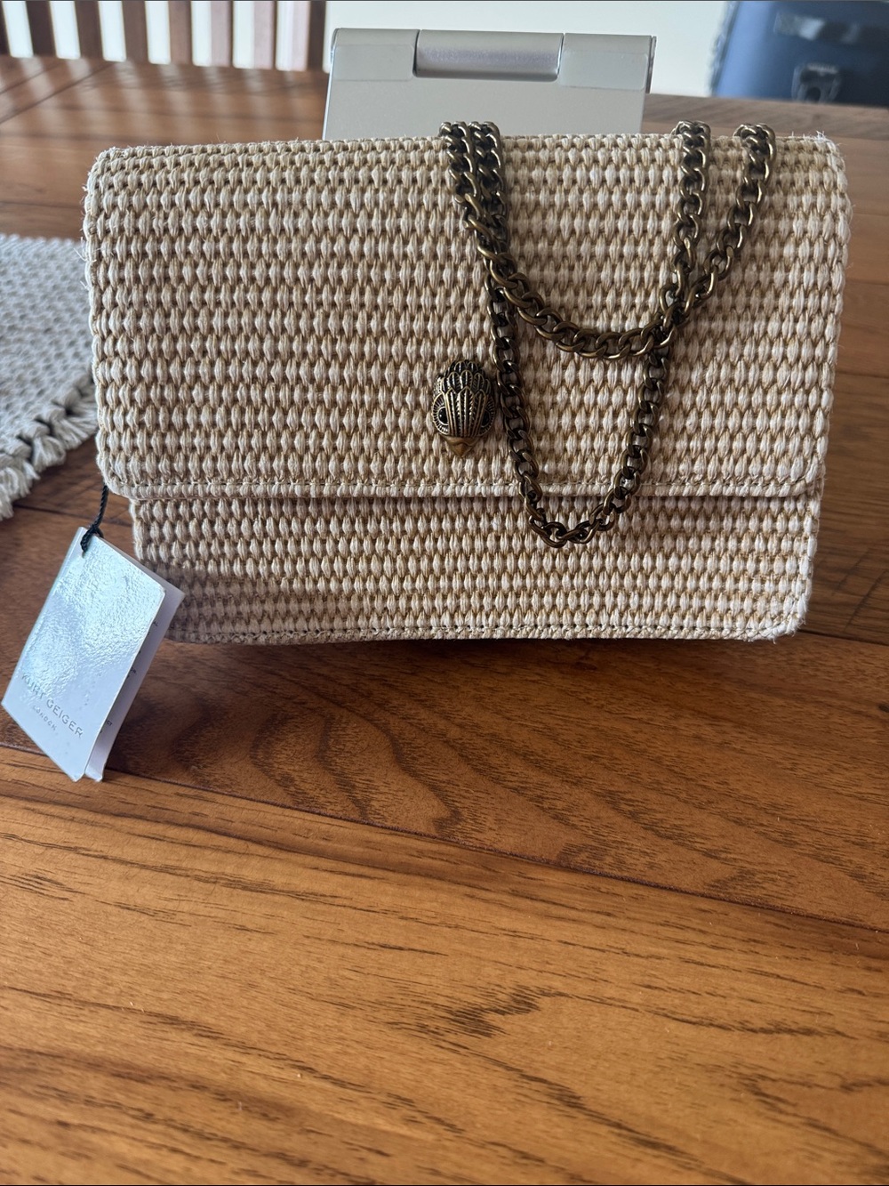 Woven Straw Shoulder Bag with Chain - Beige. The ShoreDitch